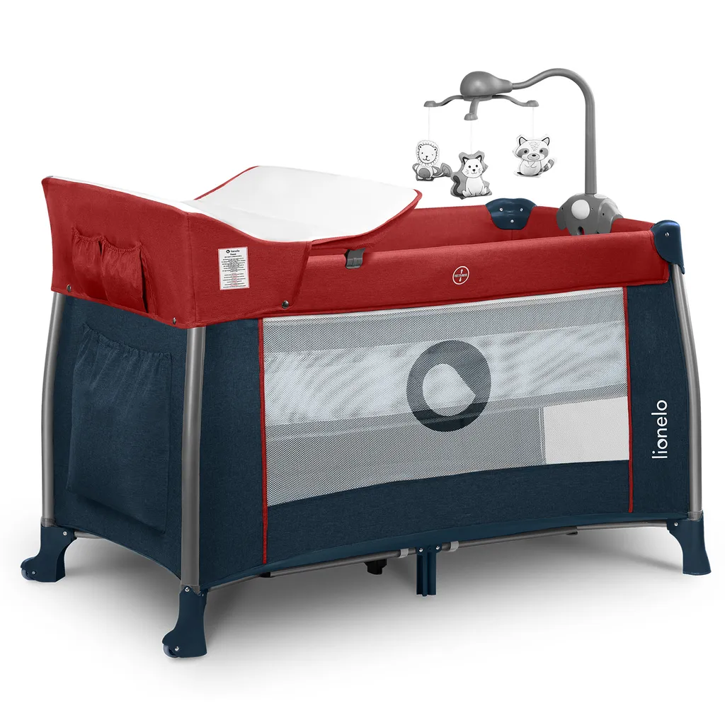 Lionelo Thomi Baby Reisebett Laufstall Kinderreisebett Mit Karussell Wickeltisch Rot-Blue