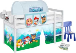 Hochbett JELLE 2054 Weiß Vorhang Paw Patrol Blau Spielbett 190x90 Cm