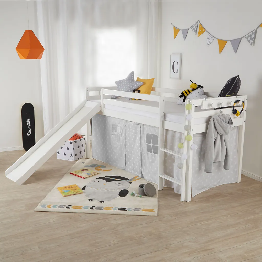 Homestyle4u 2124, Hochbett Mit Rutsche Und Lattenrost Kinderbett Weiß Kiefer 90x200 Cm Jugendbett Spielbett Rutschbett – Bild 2