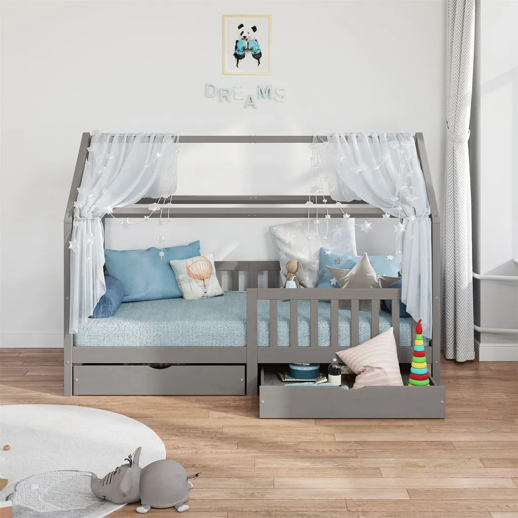 Hausbett NUNA Aus Massiver Kiefer, Montessori Bett In 90 X 200 Cm Mit Rausfallschutz, Spielbett Mit Schubladen, Modernes Kinderbett Mit Dach In Grau – Bild 2
