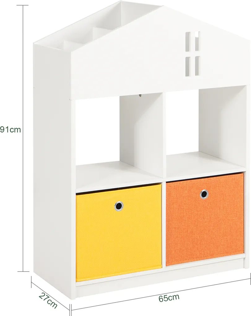 SoBuy KMB49-W Kinder Bücherregal Mit Haus-Design Kinderregal Mit 2 Stoffboxen Spielzeugregal Aufbewahrungsregal Für Kinder Spielzeug-Organizer Weiß BHT Ca.: 65x91x27cm – Bild 4