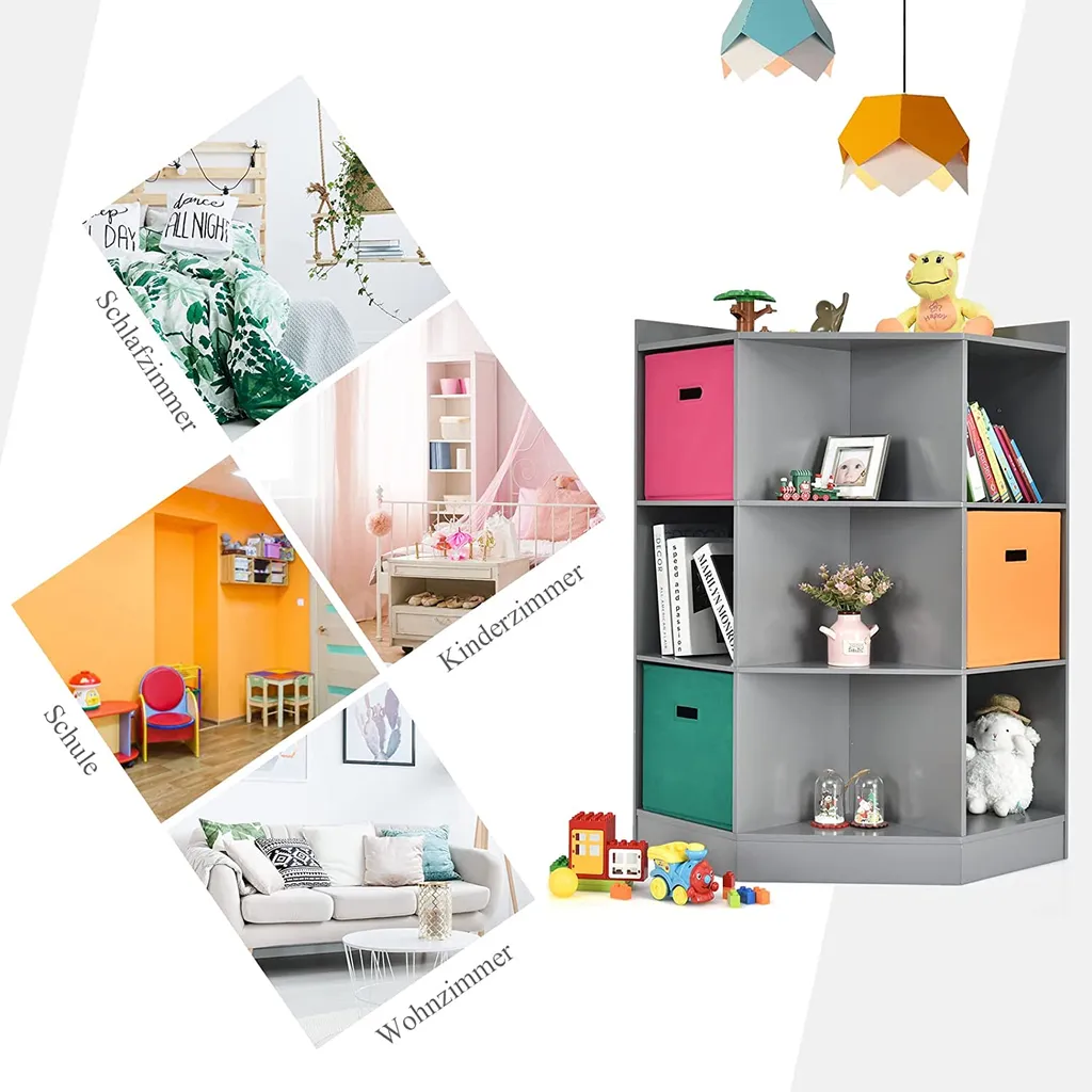 COSTWAY 3-stöckiges Kinderregal Mit 6 Offenen Regalen & 3 Farbigen Körben, Moderner Eckregal Zur Aufbewahrung, Aufbewahrungsschrank Mit 9 Fächern, Beistellschrank Für Kinderzimmer, Wohnzimmer (Grau) – Bild 6