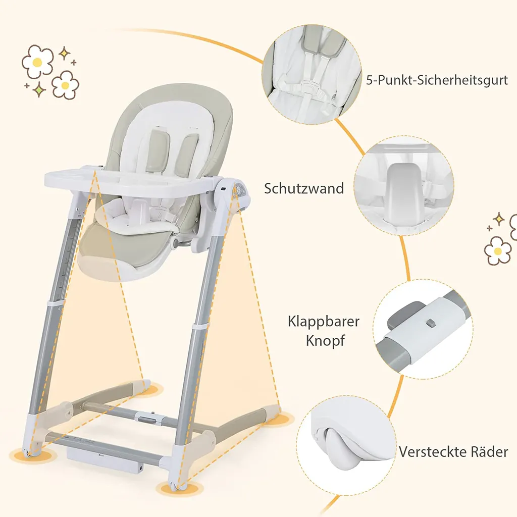 COSTWAY 3 In 1 Babyschaukel & Hochstuhl & Sitzerhöhung, Babywippe Elektrisch Mit 8 Schaukelposition, Timing, Musik & Auto-Schaltfunktion, Babystuhl Klappbar Mit Rädern, 8 Höhenstufen (Grau) – Bild 5