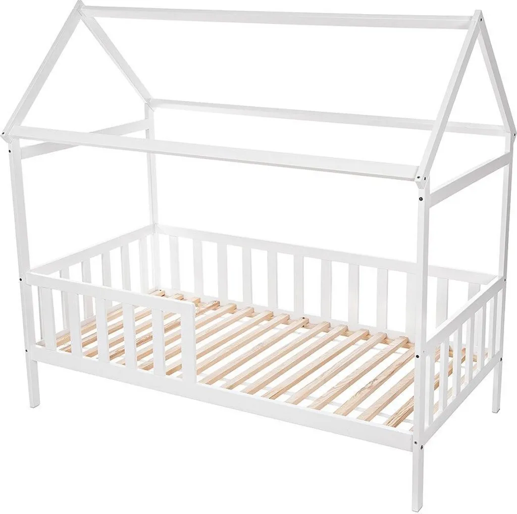 Kinderbett Hausbett Set 160×80 Mit Rausfallschutz Und Matratze Weiß Einzelbett – Bild 5