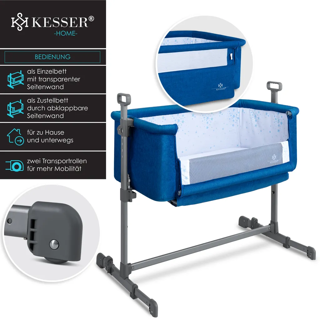 KESSER® Zustellbett Hubi 3in1 Baby Beistellbett Reisebett Babybett Mit Weich Matratze, Mit Rollen Kinderbett, 5-fach Höhenverstellung, Faltbare Seitenwand Für Zu Hause Und Unterwegs, Farbe:Blau – Bild 2
