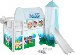 Hochbett JELLE 3054 Weiß Mit Turm, Rutsche & Vorhang Paw Patrol Blau Rutschbett 200x90 Cm