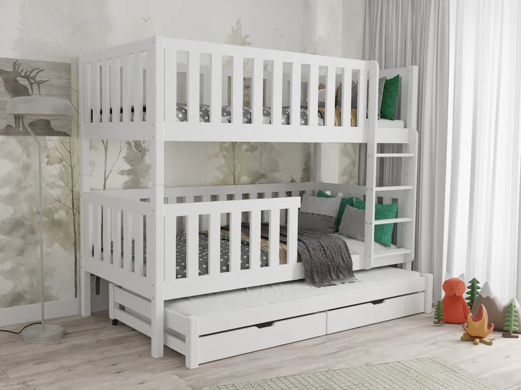 Etagenbett »Hochbett Kinderbett LUKAS Für 3 Kinder 90x200 Weiß« (mit Ausziehbett, Funktionsbett Inkl. Lattenrost, Rausfallschutz Und 2 Schubladen)