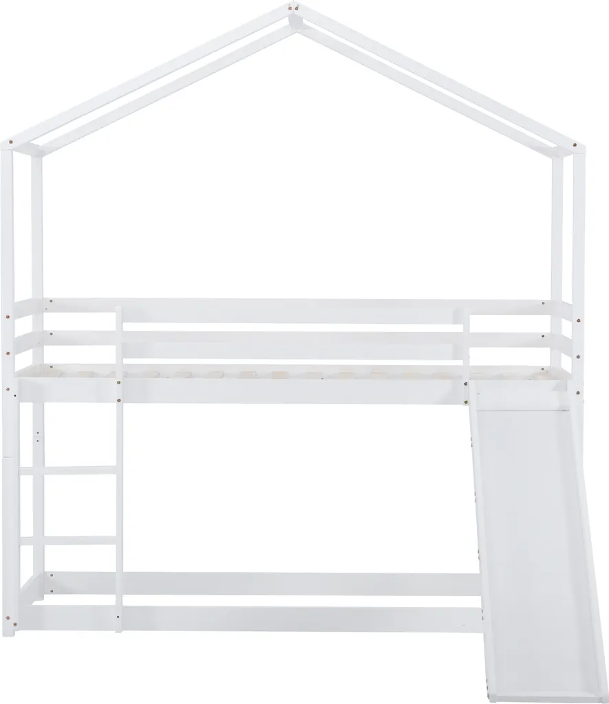 Merax Kinderbett 90x200cm Hochbett Etagenbett Mit Leiter Und Rutsche, Rausfallschutz Und Dachform, 2 Einzelbetten Hoch Doppel Stockbett Für Kinderzimmer, Kiefernholz Rahmen, Weiß – Bild 9