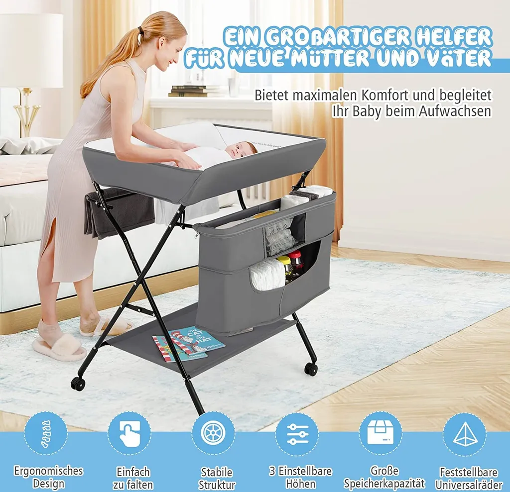 COSTWAY 4-in-1-Wickeltisch Für Baby Mit Rädern, Klappbarer Wickelkommode Für Neugeborene Mit 3-stufiger Höhenverstellung & Aufbewahrungstasche & Ablage, Wickelstation Für Kleinkinder (Grau) – Bild 2