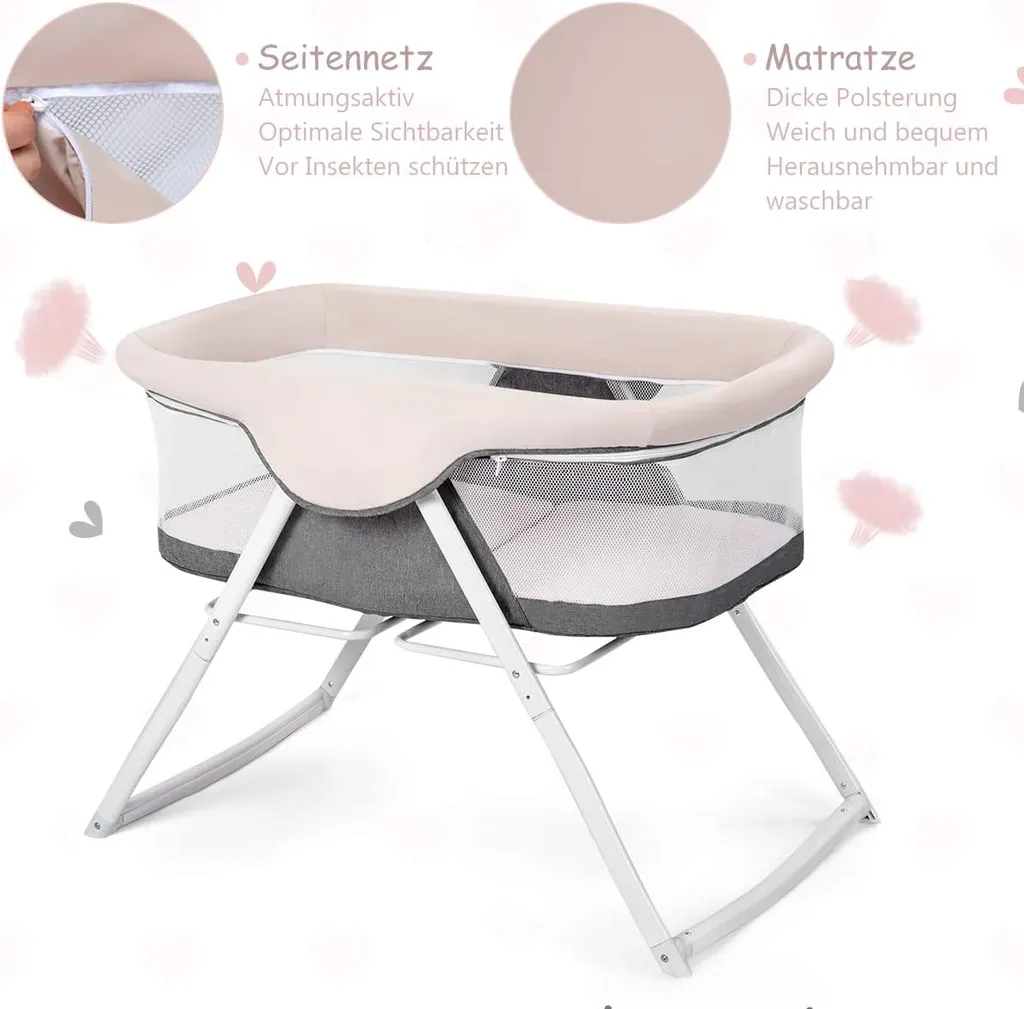 COSTWAY Stubenwagen Beistellbett Baby Babywiege Reisebett Schaukelwiege Mit Transporttasche Und Matratze Faltbar Klappbar Tragbar (grau) – Bild 5