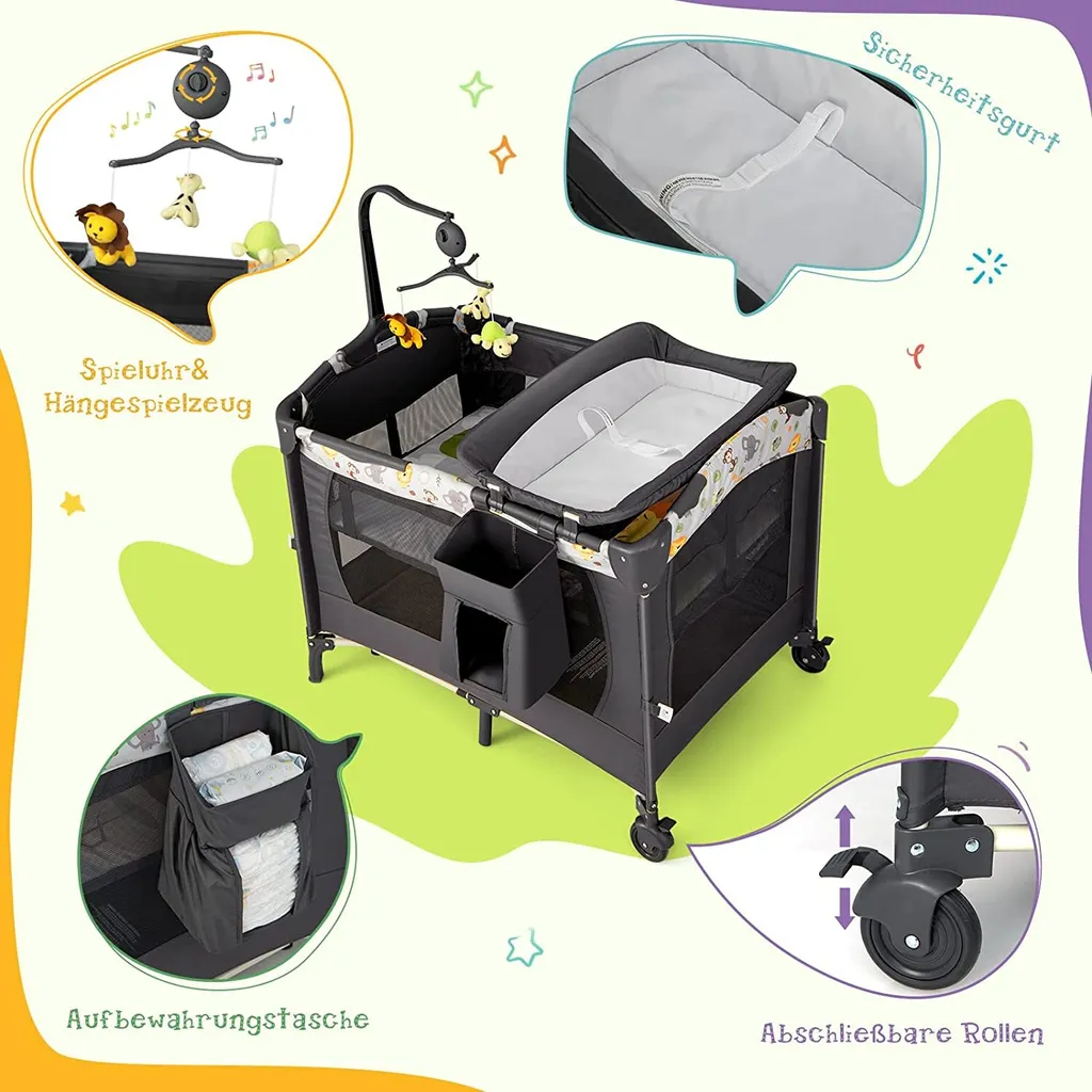 COSTWAY 4 In 1 Klappbares Reisebett & Beistellbett & Wickeltisch & Laufstall Rollbar, 2 Ebenen Babybett Inkl. Spielbogen, Matratze, Wickelauflage, Windelaufbewahrung Und Spieluhr (Hellgrau) – Bild 2