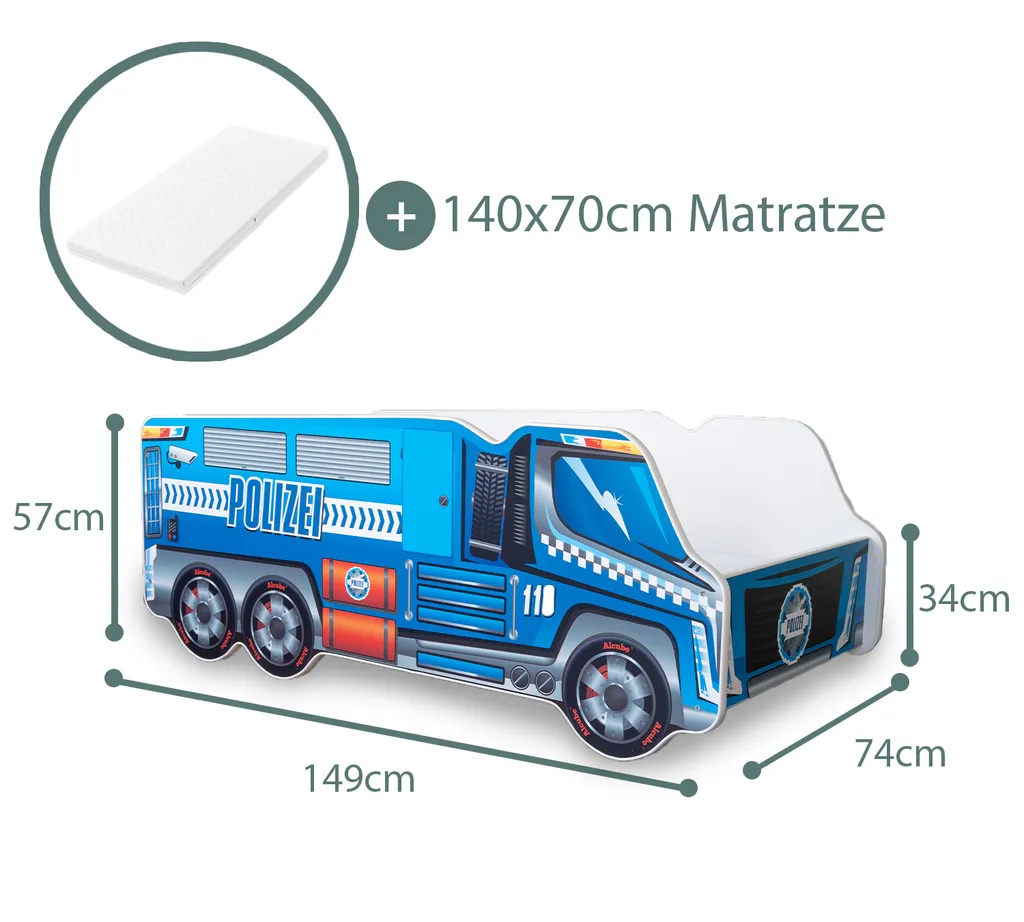 Alcube® Autobett 70x140 Cm LKW Polizei Mit Matratze Und Lattenrost Kinderbett 70x140 TRUCK Spielbett Massivholzbett Blau – Bild 2