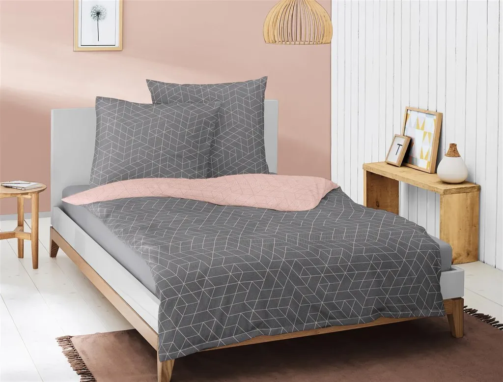 Irisette Mako Satin Bettwäsche 135x200 2tlg Grau Rosa | Bettwäsche-Set Aus 100% Baumwolle | 2 Teilige Wende-Bettwäsche 135x200 Cm & Kissen 80x80 Cm | Geometrisches Muster – Bild 3