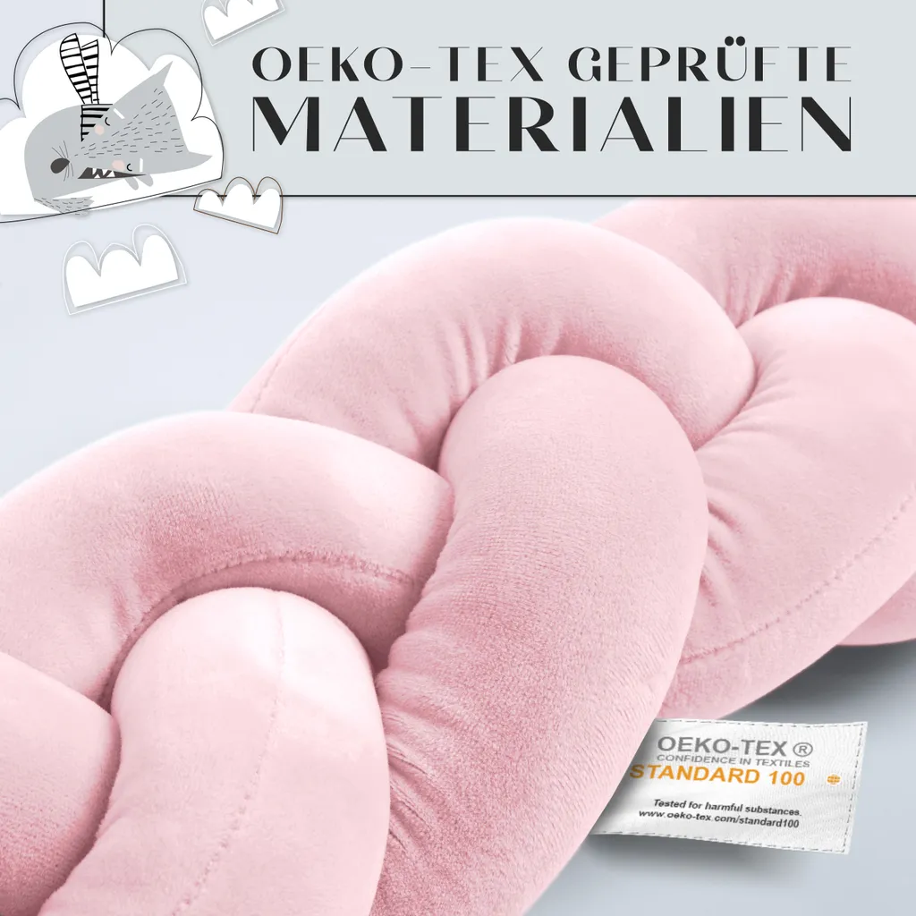 MASCHKY | Bettschlange Geflochten – Bettumrandung Babybett 2m Rosa – Weiches Nestchen Baby + Wäschenetz – Babybett Umrandungen + Tragetasche – Bild 3
