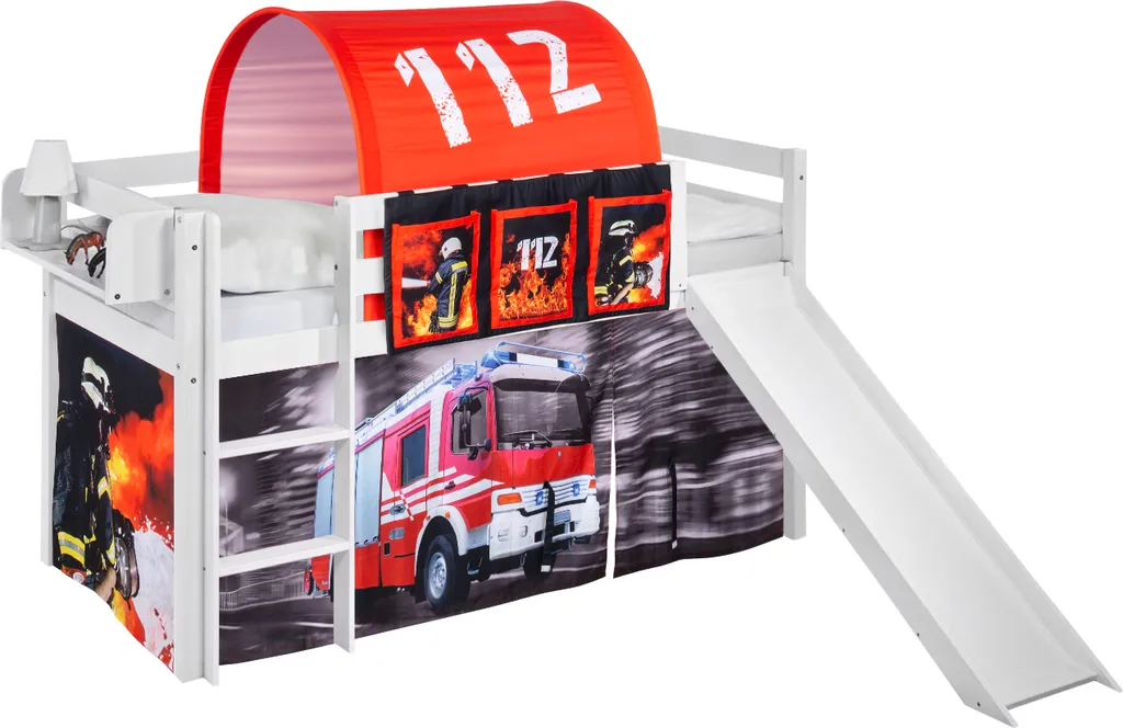 Spielbett JELLE 90 X 200 Cm Feuerwehr - Hochbett LILOKIDS - Weiß - Mit Rutsche Und Vorhang