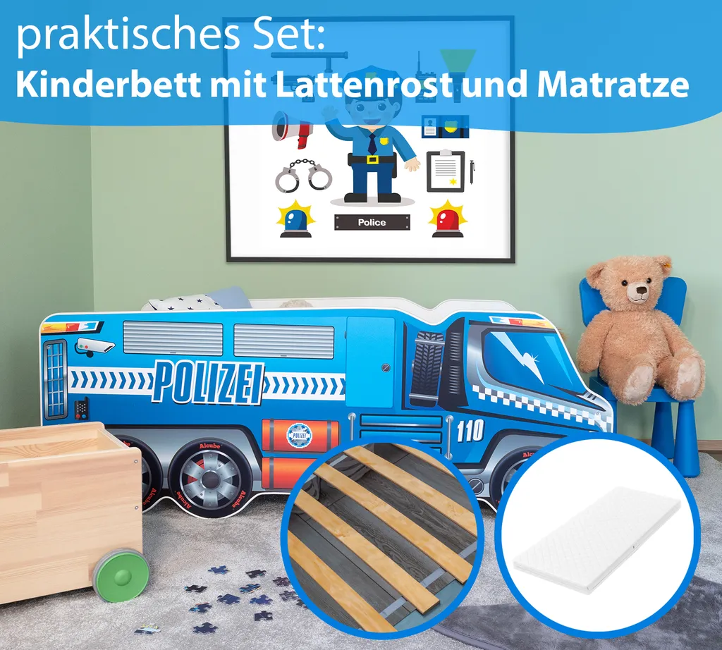Alcube® Autobett 70x140 Cm LKW Polizei Mit Matratze Und Lattenrost Kinderbett 70x140 TRUCK Spielbett Massivholzbett Blau – Bild 6