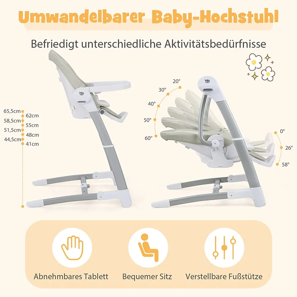 COSTWAY 3 In 1 Babyschaukel & Hochstuhl & Sitzerhöhung, Babywippe Elektrisch Mit 8 Schaukelposition, Timing, Musik & Auto-Schaltfunktion, Babystuhl Klappbar Mit Rädern, 8 Höhenstufen (Grau) – Bild 4