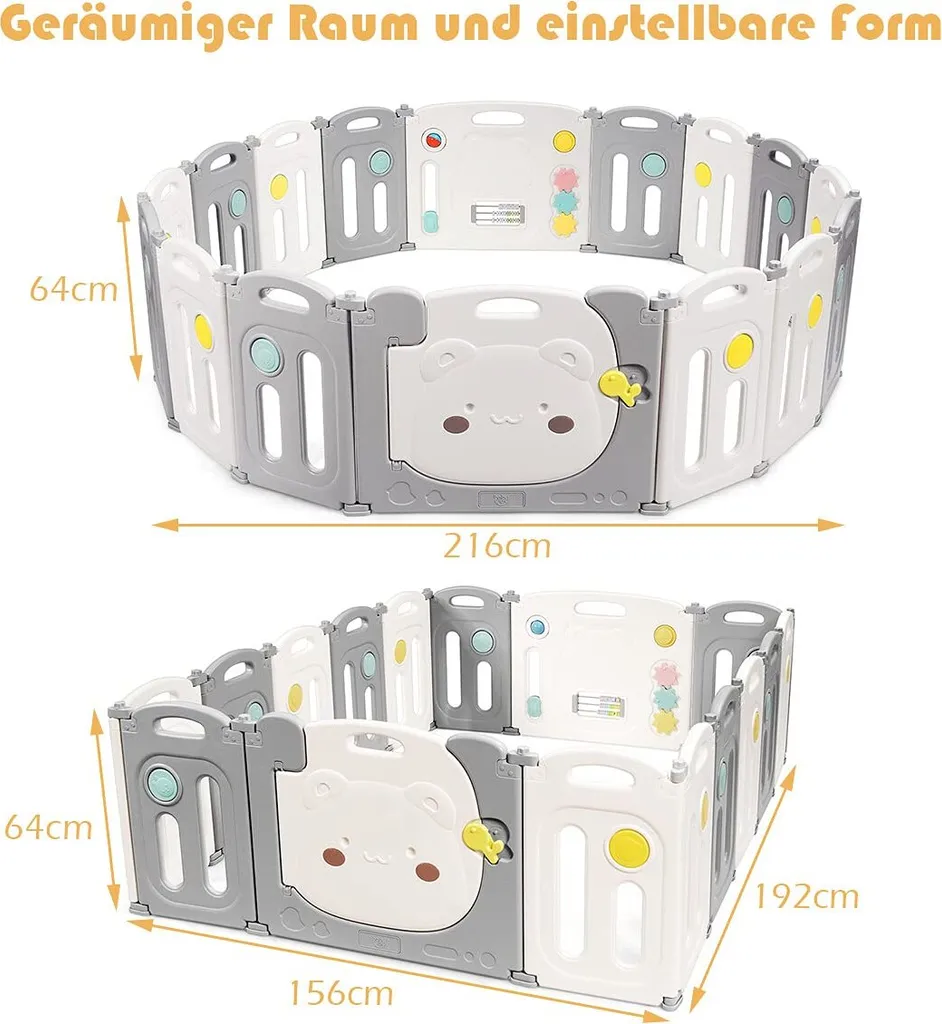 COSTWAY Laufgitter Mit Aufbewahrungstasche, Tür Und Spielzeugboard, Baby Laufstall Faltbar, Absperrgitter Aus Kunststoff, Krabbelgitter, Spielzaun Für Kinder, Schutzgitter (16 Elemente) – Bild 5