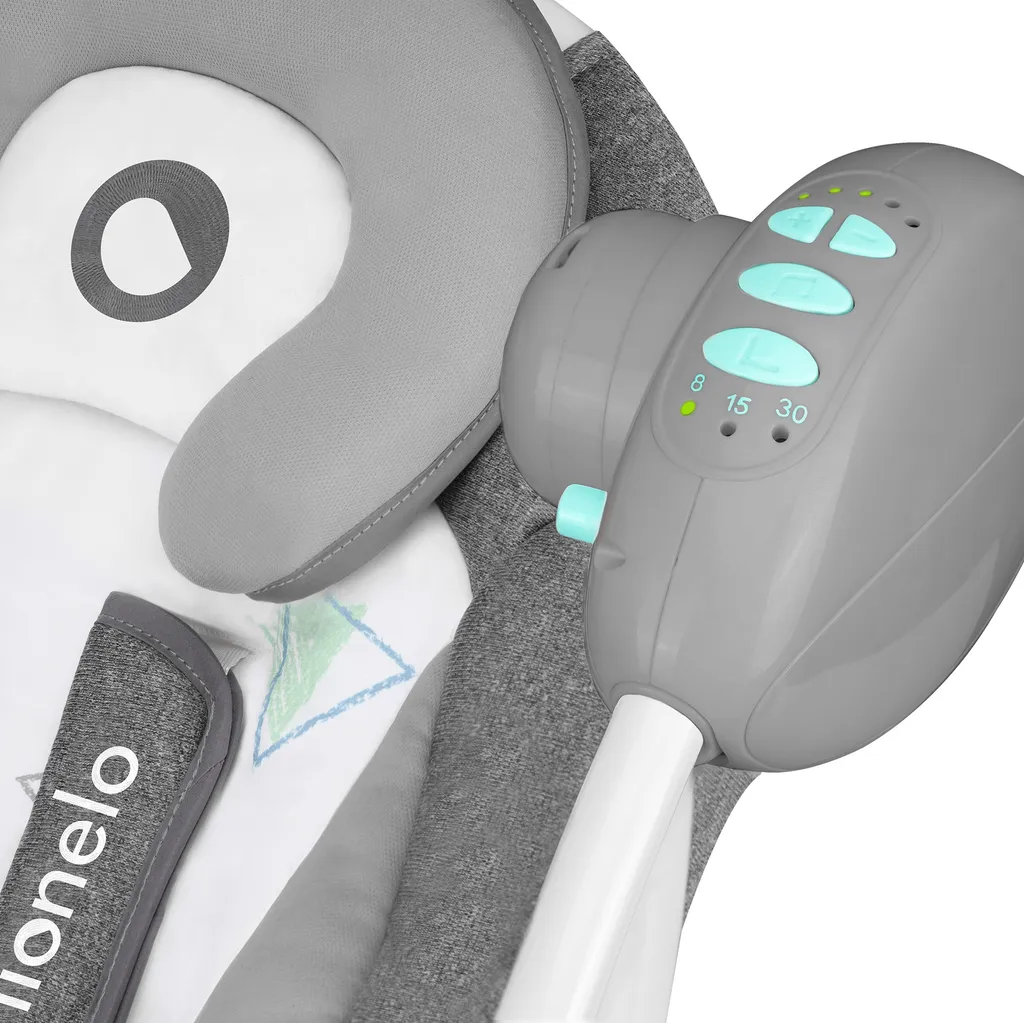Lionelo Ruben Baby Wippe Babyschaukel Elektrisch Mit Liegefunktion Von 0 Bis 9 Kg Moskitonetz Kuscheltierbügel Dunkelgrau-Türkis – Bild 9