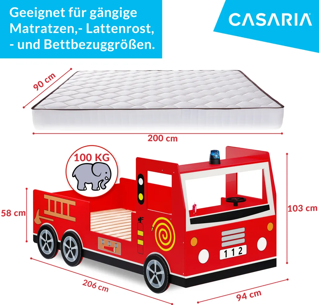 Kinder Bett Feuerwehr Optik Liegefläche 200x90 Cm Holzbett Inkl. Lattenrost Autobett 3D Räder Sirene Lenkrad – Bild 5