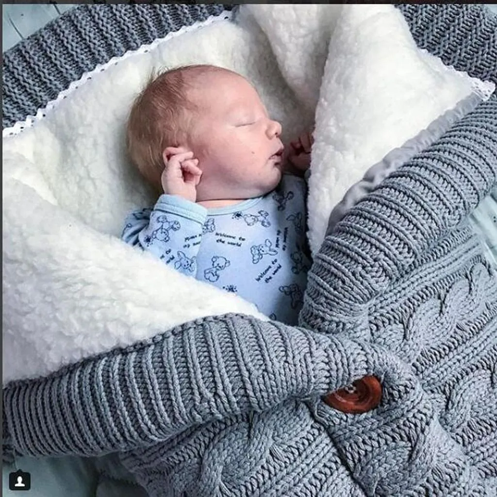 Baby Schlafsack Für Kinderwagen Gestrickt Schlafsack Süße Samt Warme Tasche Pucksack Stricken Wickeln Abnehmbare Ärmel Strick Decke Schlafsack Swaddle Für Babys Neugeboren – Bild 2