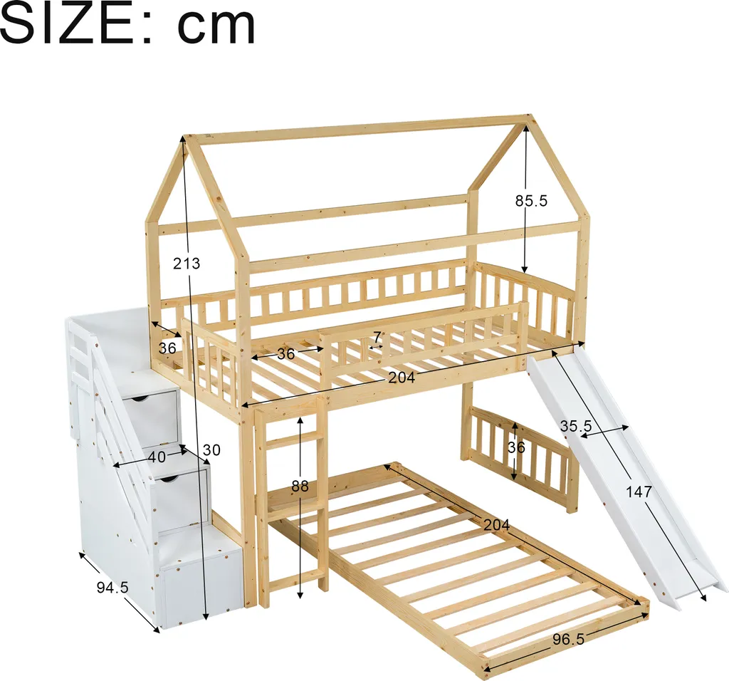 Merax Etagenbett 90x200cm Kinderbett Mit Rutsche, Treppe Mit Stauraum, Fallschutz Und Handlauf, Hausbett Aus Massivholz In Natur Und Weiß, 2 Einzelbetten Stockbett Für Kinderzimmer – Bild 4