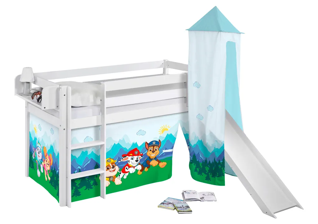 Hochbett JELLE 3054 Weiß Mit Turm, Rutsche & Vorhang Paw Patrol Blau Rutschbett 200x90 Cm – Bild 2