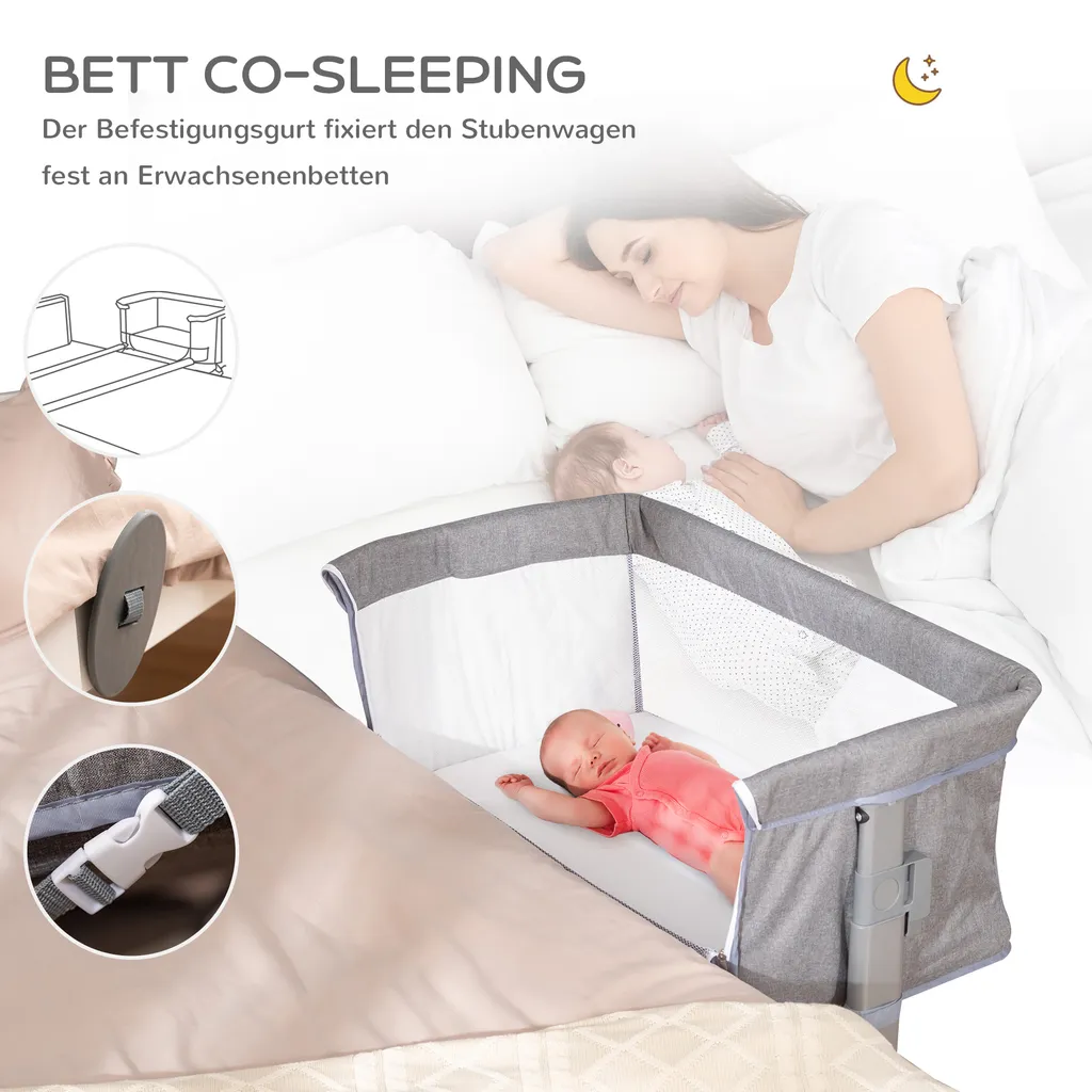 HOMCOM Baby Beistellbett Kinderbett Reisebett Für 0-6 Monate Baby Stubenwagen Mit Matratze Netzfenster Transporttasche Höhenverstellbar Faltbar Metall Oxfordstoff Grau – Bild 5