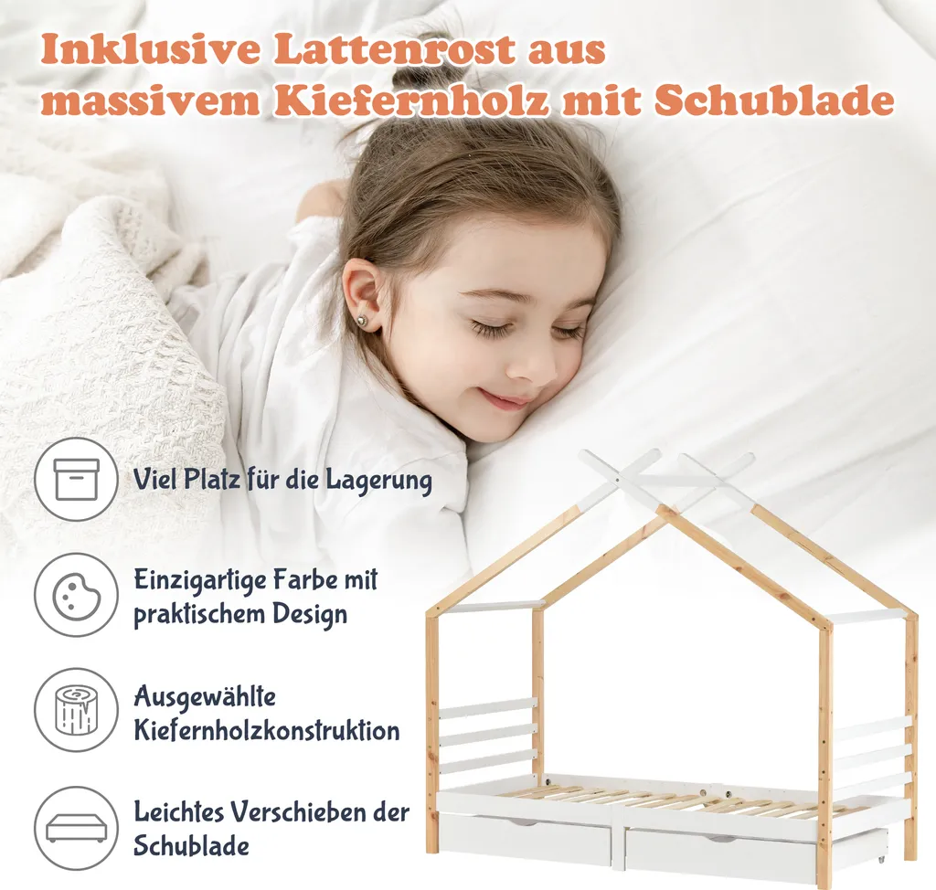 Merax Kinderbett 90x200cm Hausbett Mit Lattenrost Und 2 Schubladen, Spielbett Massivholzbett Für Kinder-und Jugendzimmer, Weiß/Natur – Bild 5