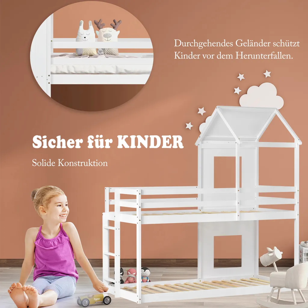 Merax Etagenbett 90x200 Cm Hochbett Mit Treppe Und Lattenrost, Dach Und Rausfallschutz, Kieferholzbett Kinderbett Für 2 Kinder, Weiß – Bild 3