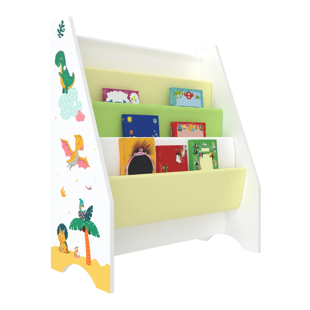 Kinderregal Fisterra Kinder-Bücherregal Freistehend Mit Dinosaurier-Motiv 74 X 62 X 29 Cm Kinderzimmerregal Mit 4 Offenen Ablagefächern Bücher-Organizer Weiß / Grün / Gelb – Bild 4
