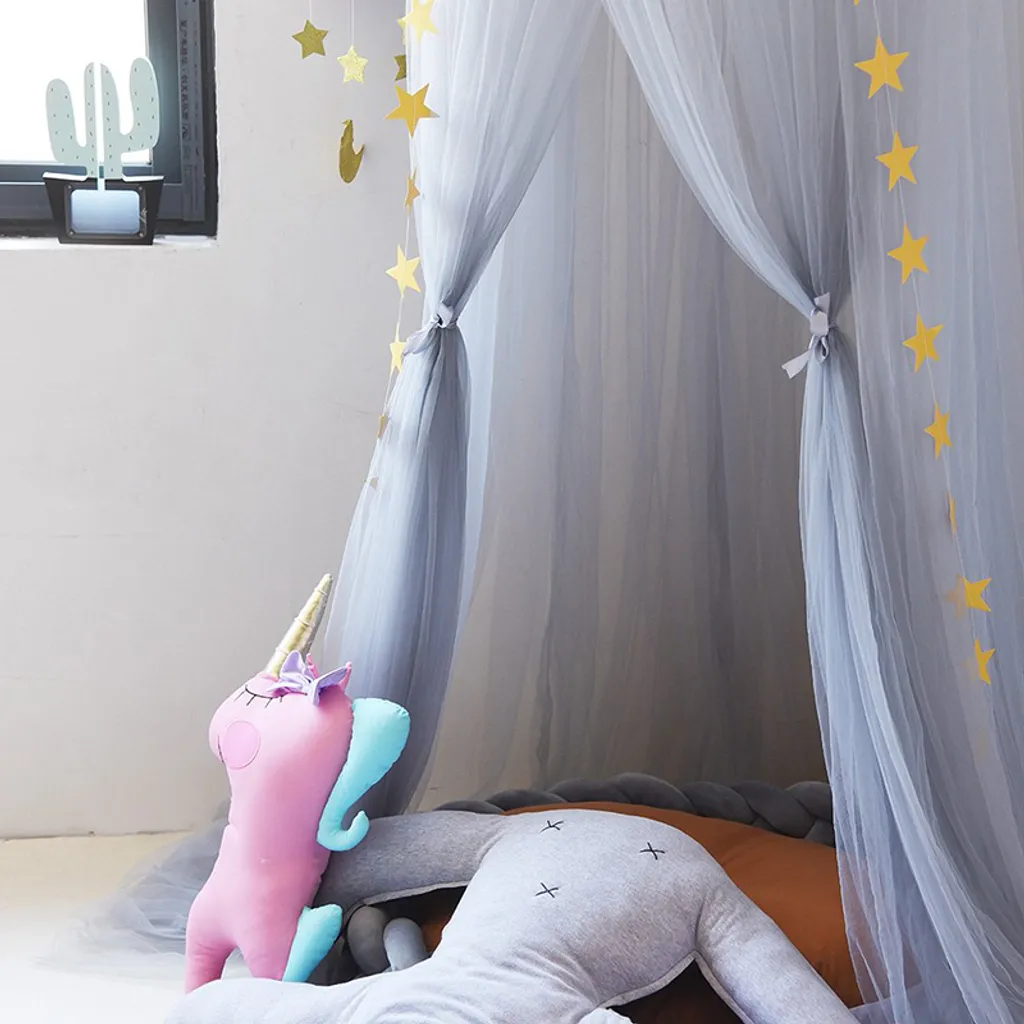 Kinderzimmer Kuppelnetz Gaze Zelt Bettnetz, Moskitonetz, Grau, Mit Leuchtenden Lichterketten – Bild 2