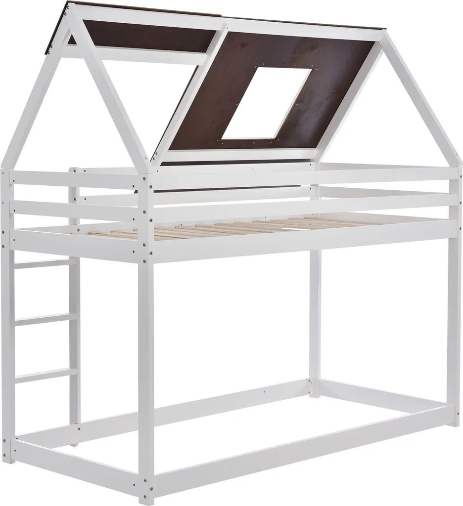 Merax Etagenbett Mit Rechtwinkliger Leiter Und Fallschutz, Dach Und Zäune, Kinderbett 90x200cm Stockbett Hausbett Aus Kiefer, Weiß Und Braun – Bild 12