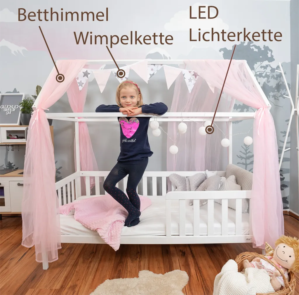 Alcube® Hausbett Deko-Set In Rosa Für Hausbetten Kinderbetten I 3er-Set Baldachin, Wimpelkette Und Lichterkette – Bild 2