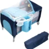 COSTWAY Babybett Reisebett Klappbett Babyreisebett Kinderbett Kinderreisebett Laufstall + Wickelauflage Mit Schaukelfunktion (blau)