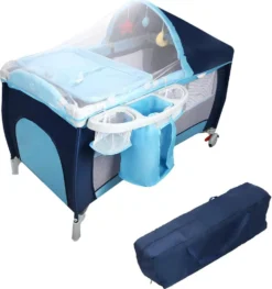 COSTWAY Babybett Reisebett Klappbett Babyreisebett Kinderbett Kinderreisebett Laufstall + Wickelauflage Mit Schaukelfunktion (blau)