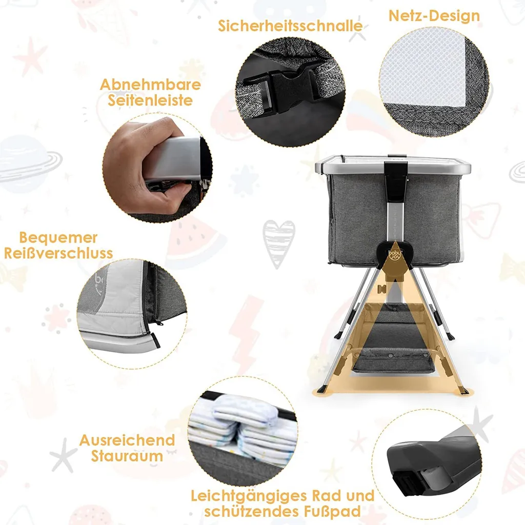COSTWAY 3 In 1 Beistellbett & Babywiege & Reisebett Klappbar, Babybett Mit 7-Fach Verstellbarer Höhe, Tragbares Babywiege Mit Sicherheitsgurt, Netzfenster, Matratze, Bodenkorb & Rädern (Dunkelgrau) – Bild 6