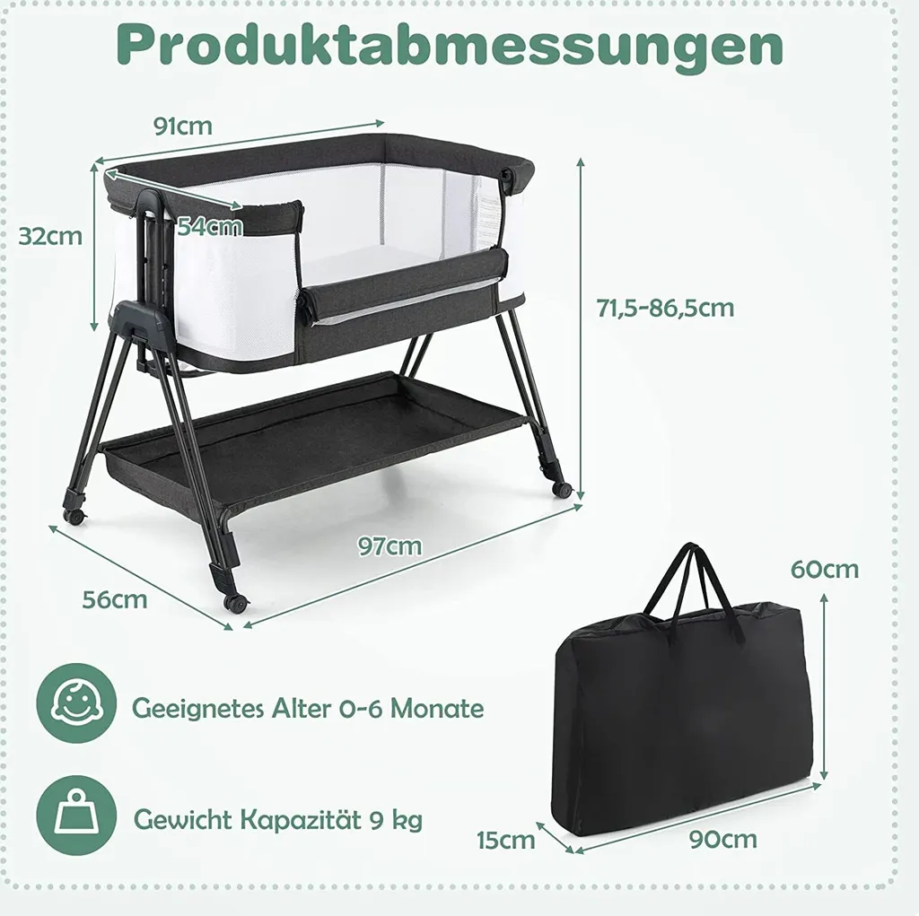 COSTWAY 2 In 1 Beistellbett & Stubenwagen Klappbar, Tragbare Babybett Mit 7 Verstellbaren Höhen & Matratze & Tragetasche & Gurte, Verstellbare Reisebett Für Neugeborene Bis 6 Monate (Dunkelgrau) – Bild 5
