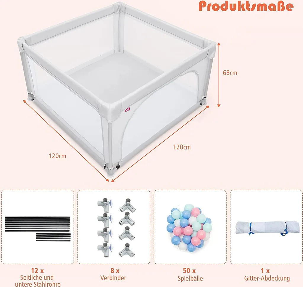 COSTWAY 120 X 120cm Baby Laufstall Mit 50 Spielbällen, Laufgitter Mit Atmungsaktivem Netz Und Reißverschluss, Krabbelgitter Mit Tür, Laufgitterzelt Für Säuglinge Und Kleinkinder (Grau) – Bild 4