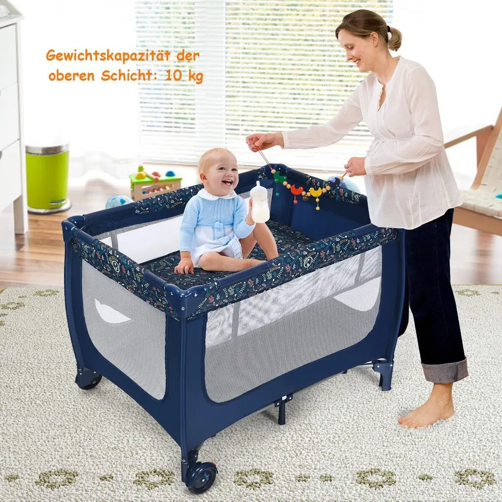 COSTWAY 2 In 1 Reisebett & Laufstall Klappbar, 120 X 60cm Kinderbett, 2 Ebenen Babybett Mit Matratze Und Tragetasche (Blau) – Bild 3