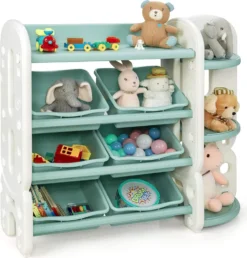 COSTWAY Kinder Spielzeugregal Mit 6 Aufbewahrungsboxen Und 4 Ablagen, Eckregal Aus Kunststoff, Kinderregal, Aufbewahrungsregal Ideal Für Kinderzimmer Und Kindergarten