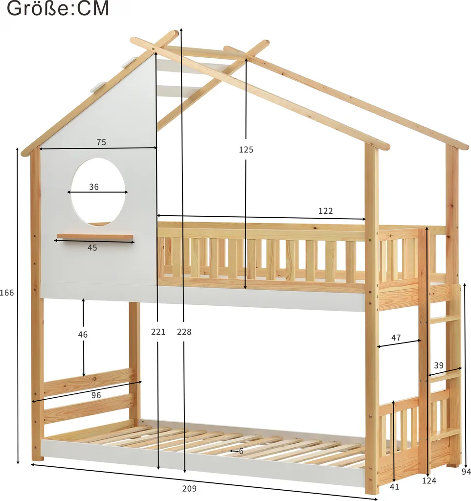 Merax Kinderbett Etagenbett 90x200cm Mit Leiter, Rausfallschutz Und Dachform, Hochbett 2 Einzelbetten Stockbett Aus Kiefernholz, Weiß Und Natur – Bild 3