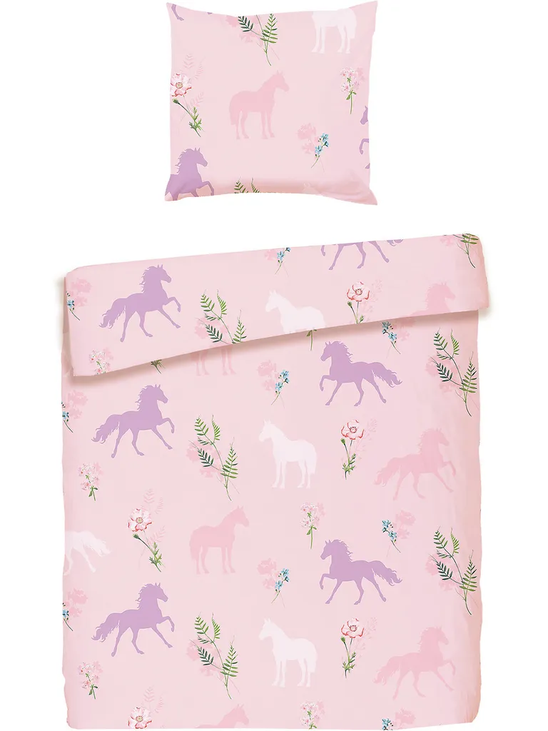 MyToys COLLECTION Möbel Bettwäsche Baumwoll Cretonne, Pferde, Rosa, 135 X 200 Cm + 80 X 80 Cm Von Pötter Bettwäsche 100% Baumwolle Ins Bett Gehen & Einschlafen Bettwäsche 135 X 200 Cm HK22 Fkatkizi21 Fkat21 Kinderbettwäsche Bettbezug Bettzeug Kinderbe...
