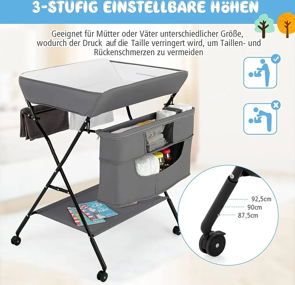 COSTWAY 4-in-1-Wickeltisch Für Baby Mit Rädern, Klappbarer Wickelkommode Für Neugeborene Mit 3-stufiger Höhenverstellung & Aufbewahrungstasche & Ablage, Wickelstation Für Kleinkinder (Grau) – Bild 3