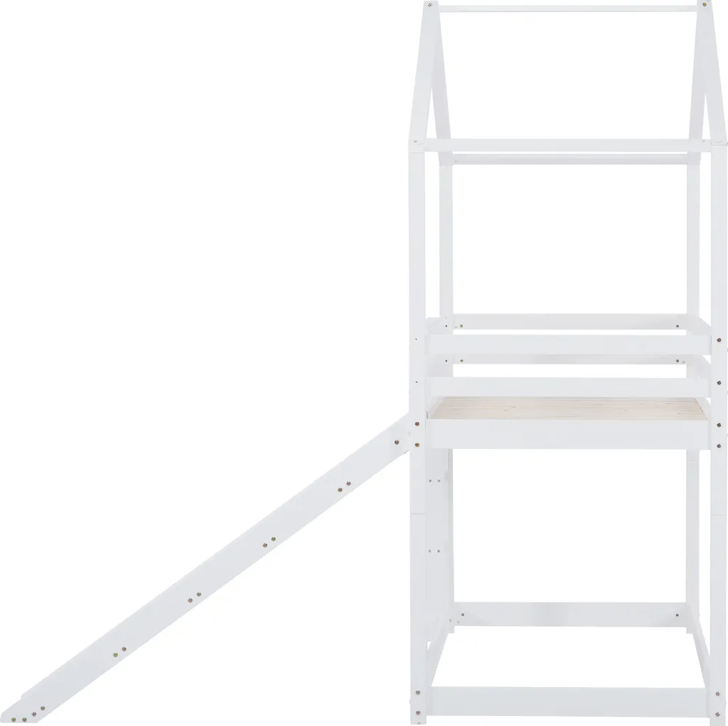 Merax Kinderbett 90x200cm Hochbett Etagenbett Mit Leiter Und Rutsche, Rausfallschutz Und Dachform, 2 Einzelbetten Hoch Doppel Stockbett Für Kinderzimmer, Kiefernholz Rahmen, Weiß – Bild 10
