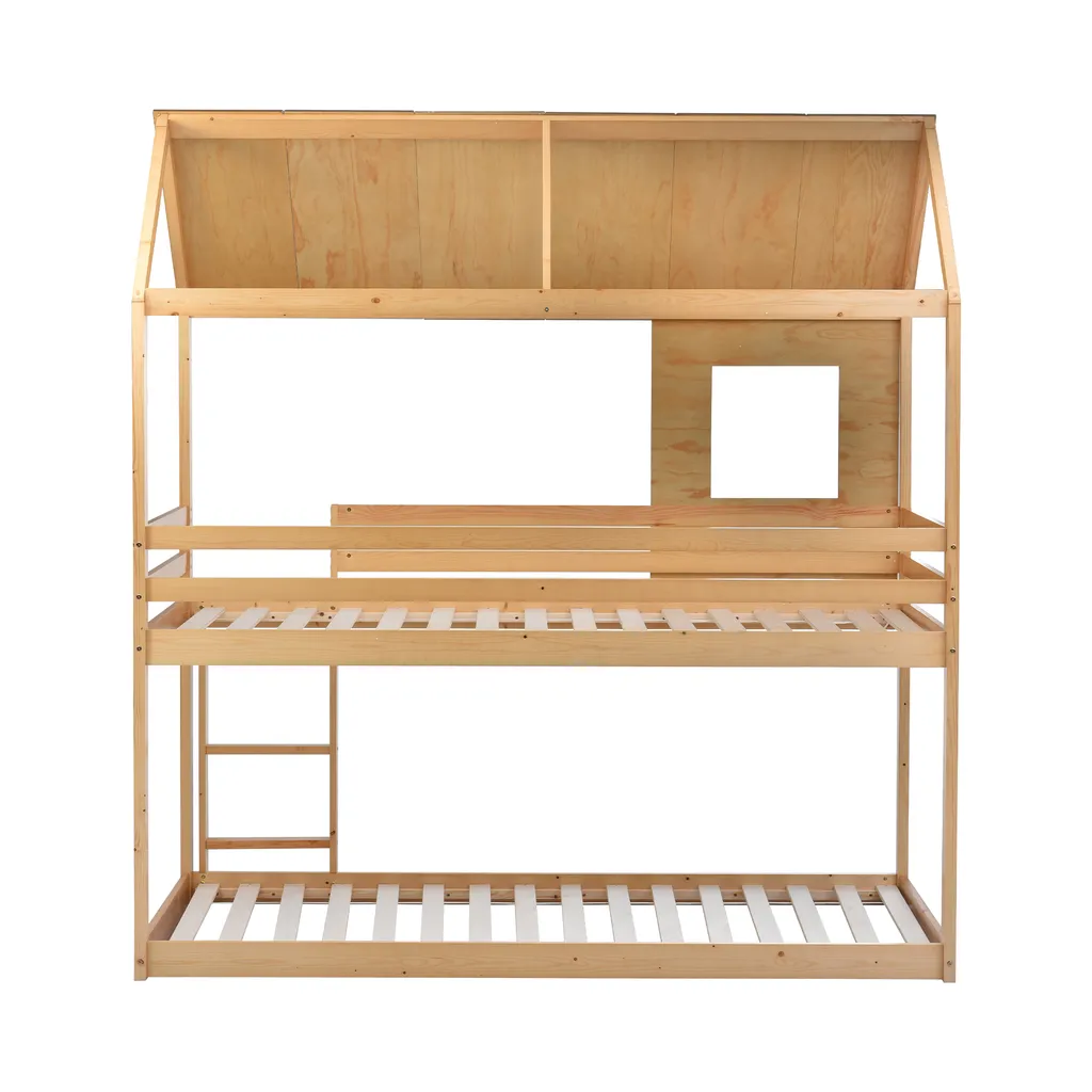 Merax Etagenbett 90x200cm Kinderbett Hochbetten Mit Dach, Leiter, Fenster Und Lattenrost, Doppelstockbett 2 Einzelbetten Für Kinderzimmer, Kiefernholz Rahmen, Eichenfarbe – Bild 11