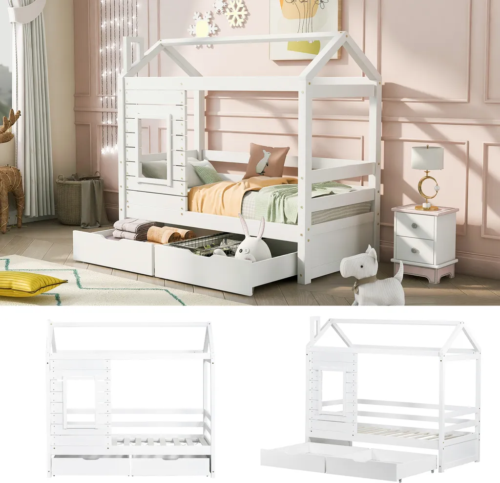 Merax Kinderbett Hausbett Mit Rausfallschutz Und Schubladen, Massivholz Spielbett 160x80 Cm Babybett Mit Lattenrost Und Fenster, Weiß – Bild 11