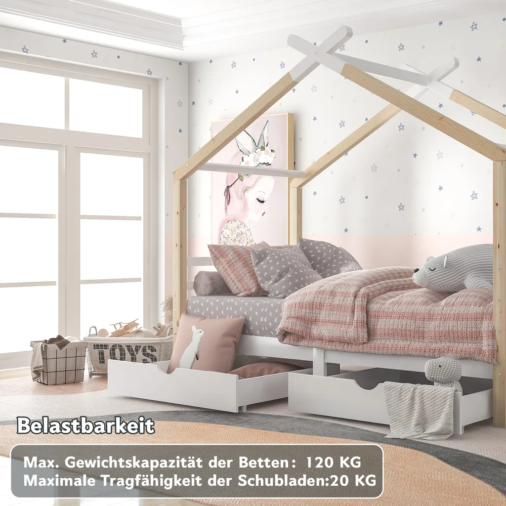 Merax Kinderbett 90x200cm Hausbett Mit Lattenrost Und 2 Schubladen, Spielbett Massivholzbett Für Kinder-und Jugendzimmer, Weiß/Natur – Bild 7