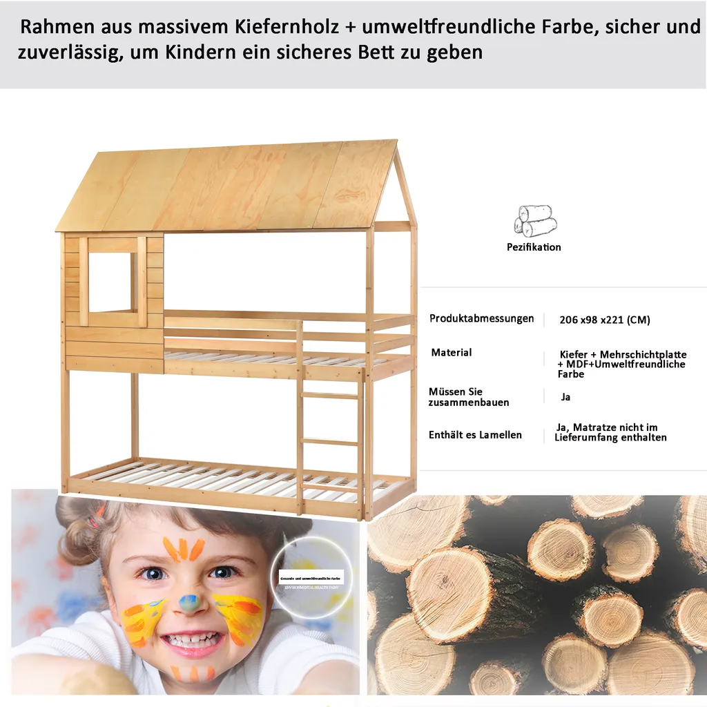 Merax Etagenbett 90x200cm Kinderbett Hochbetten Mit Dach, Leiter, Fenster Und Lattenrost, Doppelstockbett 2 Einzelbetten Für Kinderzimmer, Kiefernholz Rahmen, Eichenfarbe – Bild 4