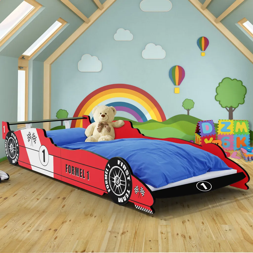 Kinderbett Formel 1 ✔200x90 Cm ✔inkl. Lattenrost ✔Holz ✔rot Schwarz Autobett Rennbett Bettgestell – Bild 2